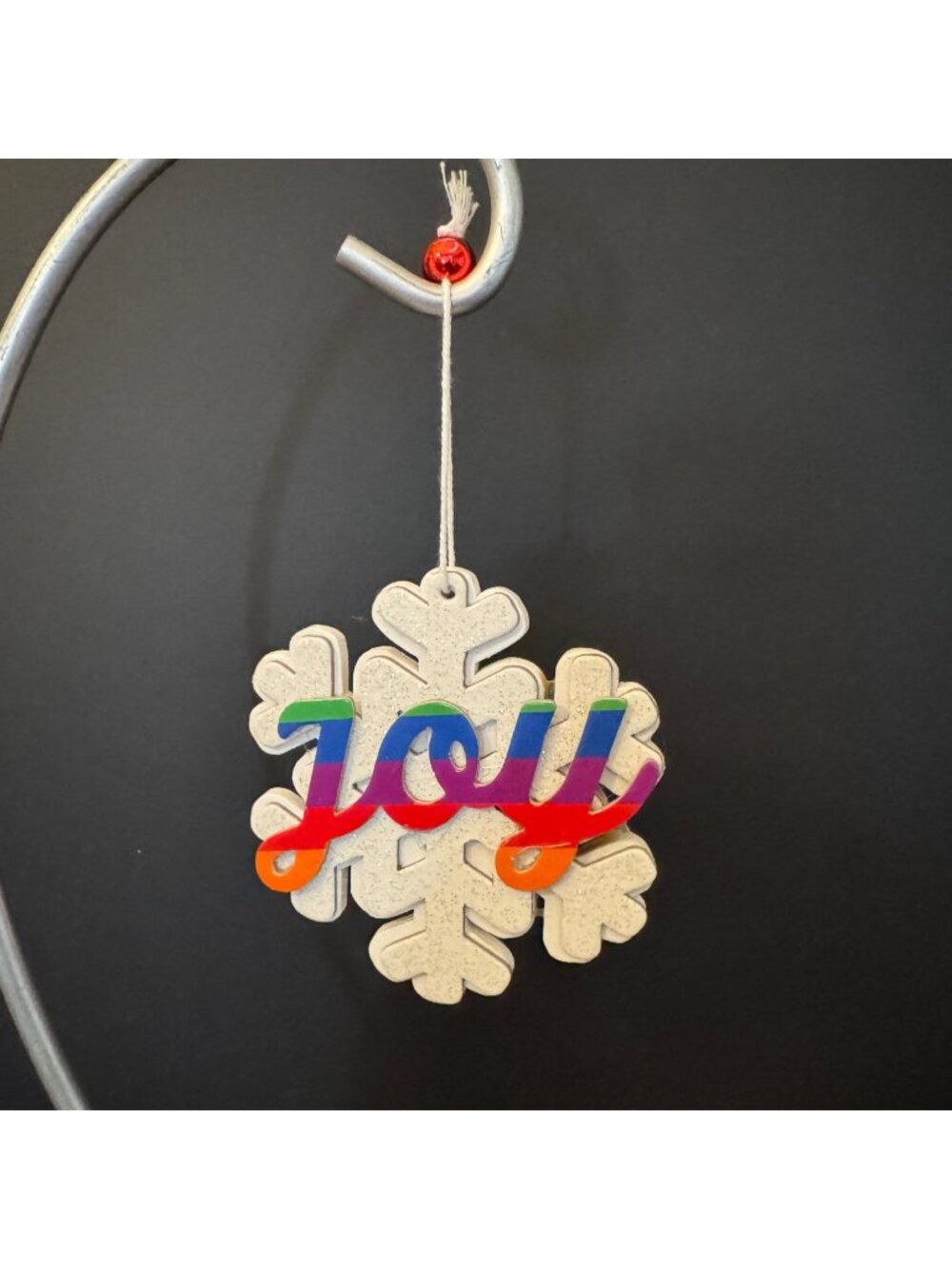 Snowflake Joy Christmas Ornament Glittered Wood Design Rainbow Lettering - 10